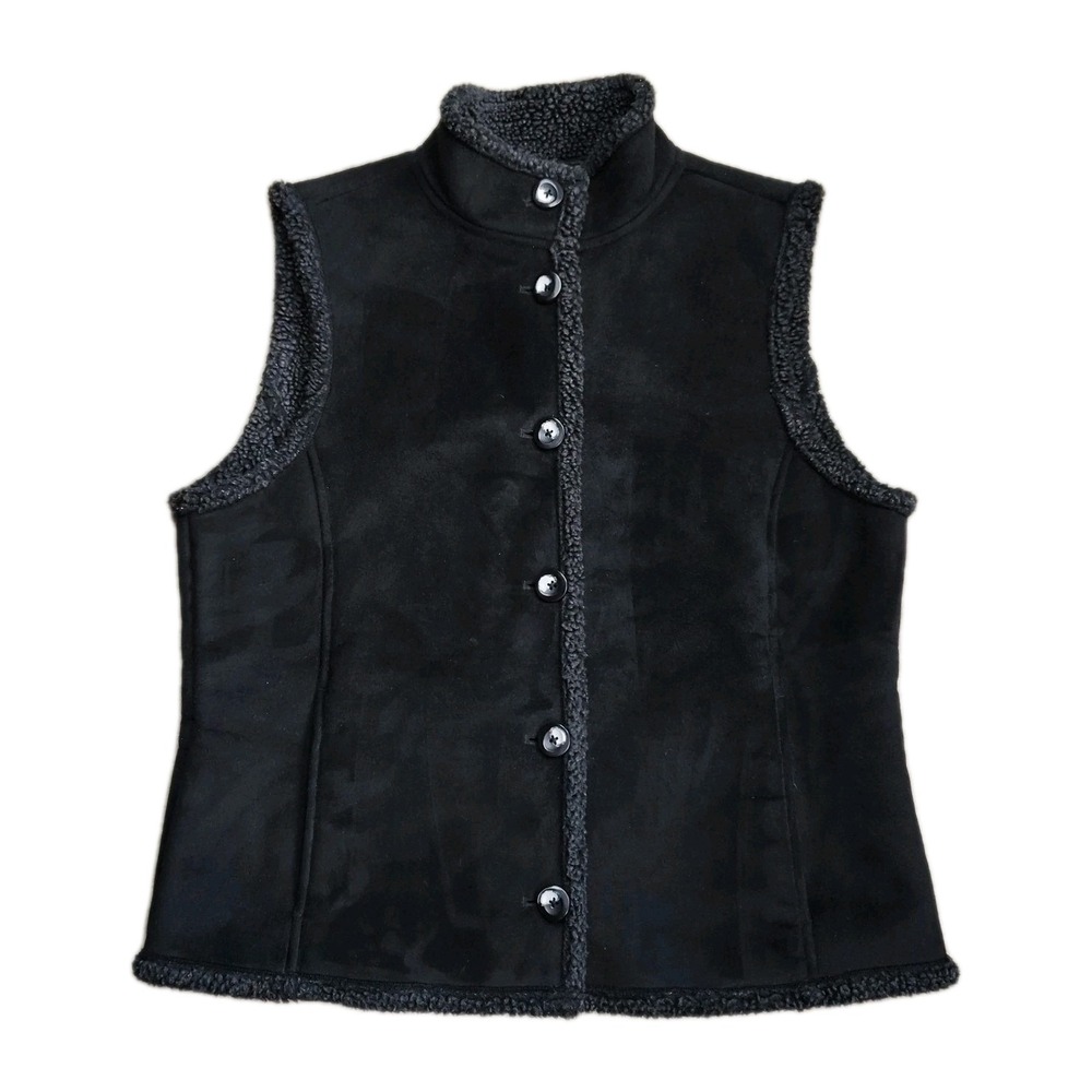 L.L. Bean Faux Suede Sherpa Lined Vest Womens Medium Black Button Front Vegan